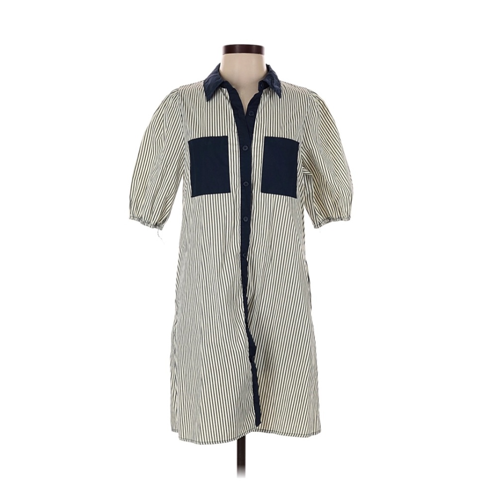 Navy Ivory Striped Button Up Shirt Dress Puff Sleeves Small